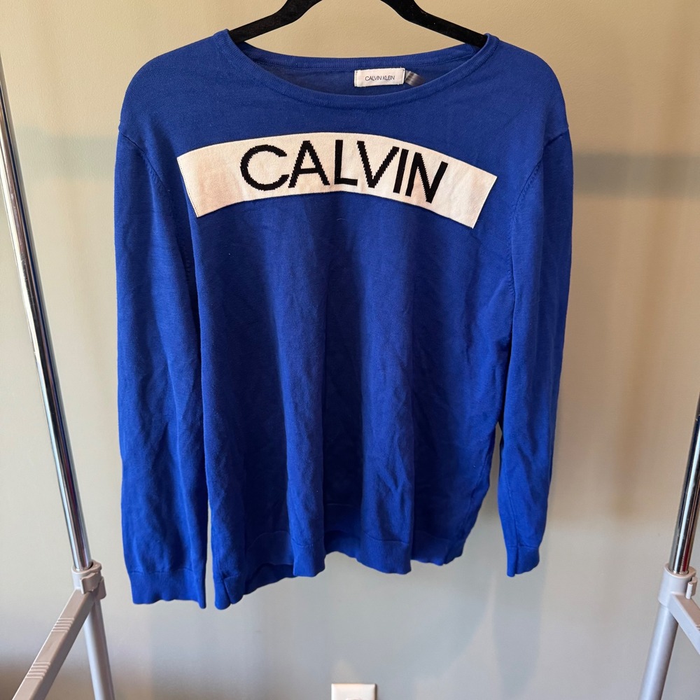 Calvin Klein Women's Knit Pullover Sweater Top Long Sleeve Blue Logo Casual‎